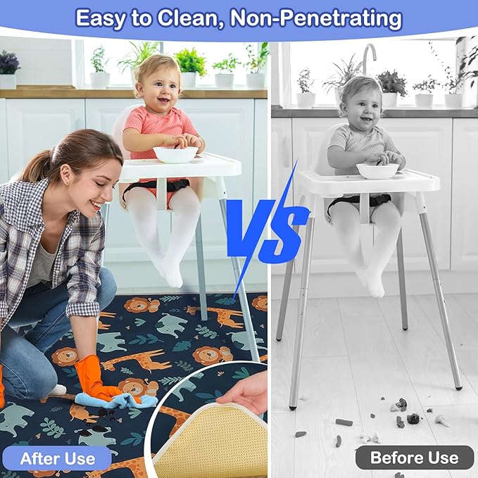 Basumee Splat Mat High Chair Mat Waterproof Baby Play Splat Mat for Under High Chair Food Catcher Highchair Mat for Floor Non Slip Bottom, Dark Blue Giraffe, 51x51 Inches