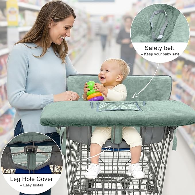 Muslin Shopping Cart Cover for Baby Soft & Breathable High Chair Covers for Restaurant Seat Grocery Cart Cover with Storage Pocket Machine Washable for Infant Toddler Boy Girl, Sage Green