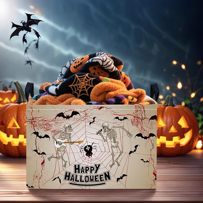 ASKETAM Halloween Basket Gift Terror Ghost Parties Decor Kid Trick or Treat Basket for Boys and Girls Rectangular Storage Bin Box (Skeleton Bat)