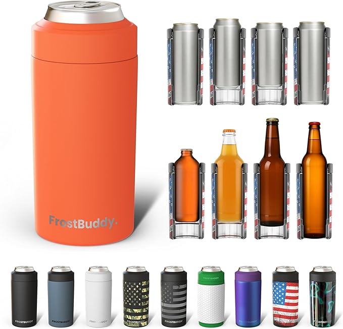 Frost Buddy Universal Buddy Can Cooler - Fits All - For Regular 12 & 16 oz or Slim-Size Bottles - Insulated Double-Walled Stainless Steel (Orange)