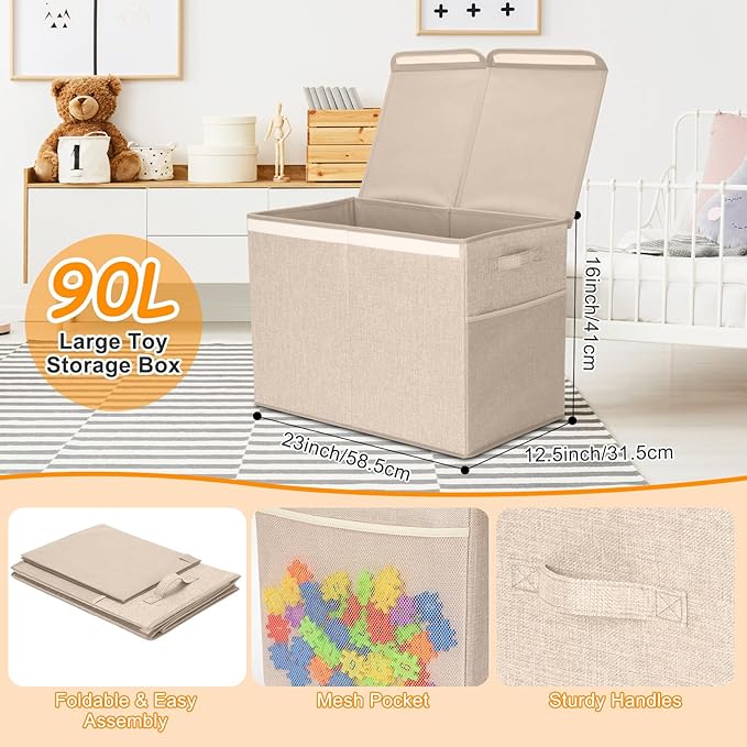 Fiwochic 3 Pack 23" Large Toy Storage Box with 11" Cubes Bins, Collapsible Toy Organizer Chest with Lids for Kids Nursery Playroom Bedroom Living Room Christmas Ornament Storage Box(Beige)