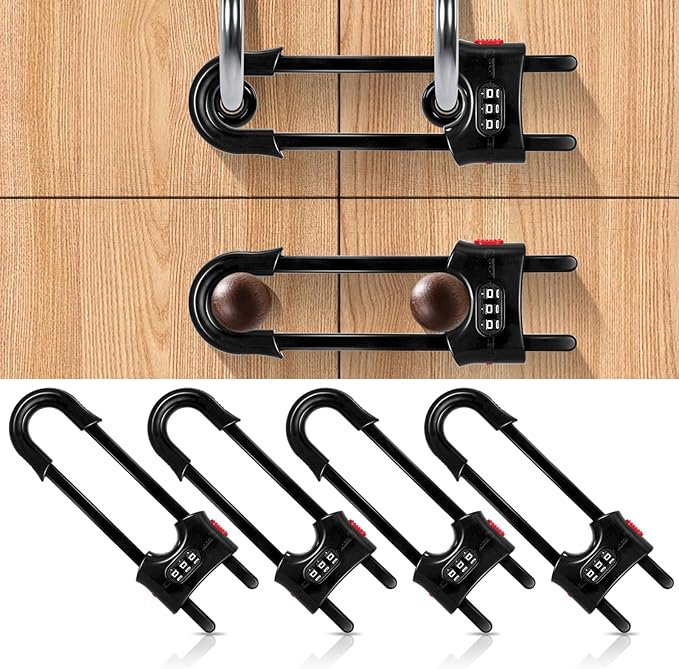 4 Pack Cabinet Locks with Combination U Shaped Sliding Cabinet Door Lock Child Proof Cupboard Locks Baby Proof Adjustable Safety Lock for Closet Code Latches Knob Handle Drawers - Black