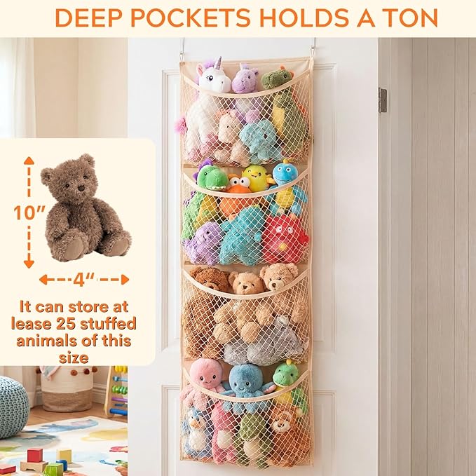 Over The Door Stuffed Animal Storage, Cotton Toy Organizer for Storage Plush Toys,Baby Supplies, Stuffed Animal Holder with 4 Large Pockets, Hanging Door Organizer for Nursery, Bedroom, Kids Room