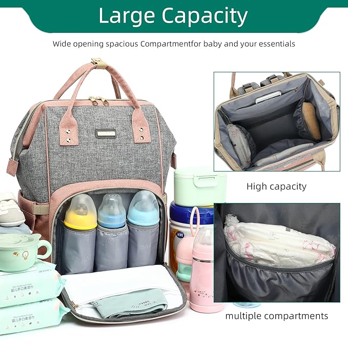 GAIVP Diaper Bag Backpack, Diaper Bags for Baby Girls Boys, Baby Bags for Moms Dads, Nappy Changing Bag with Insulated Pockets,Multi-functional Waterproof Backpack with Stroller straps-Pink