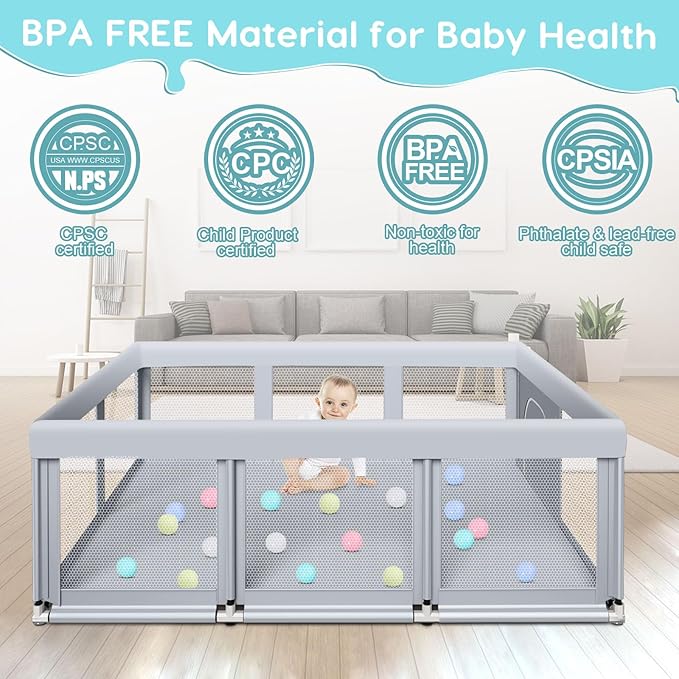 Fshibila 74" ×50" Large Baby Playpen, Baby Playard for Babies and Toddlers, PlayPen for Indoor & Outdoor, Sturdy Safety Play Yard with Soft Breathable Mesh, Anti-Fall, Ball x 18, Handle x 2, Grey