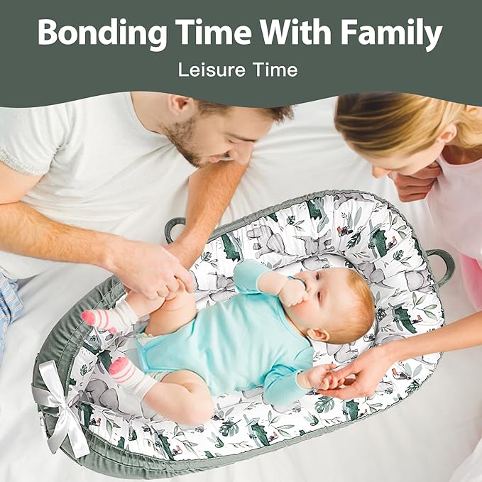 Baby Lounger-Breathable and Soft Organic 100% Cotton, Portable Infant Lounger with Removable Lounger Cover, Baby Nest Lounger for Newborn - Green Zoo