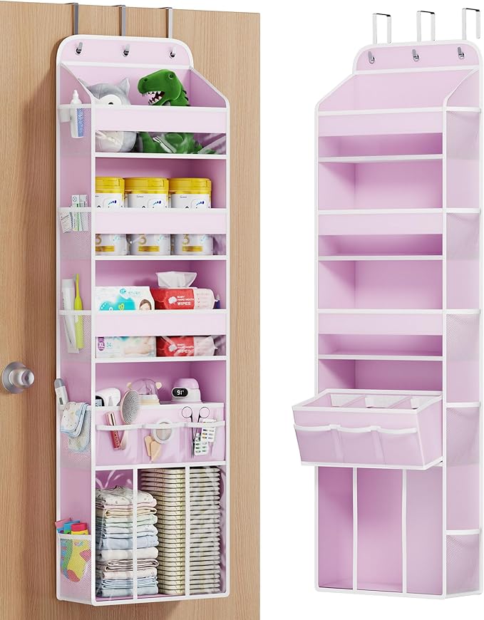 OneDream 5-Tier Over the Door Organizer with Removable Storage Caddy, Baby Clothes Organizer for Nursery, Hanging Behind Door Storage with Clear Pockets and Side Mesh Compartments, Pink