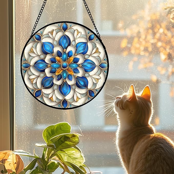 JOSUMALY Stained Glass Window Hanging - Blue and White Abstract Flowers Suncatcher for Door Terrace Garden Home Decor, Gold Sun Catcher Birthday Gifts for Lovers Women Men Dad Mom Nana 6.3 in