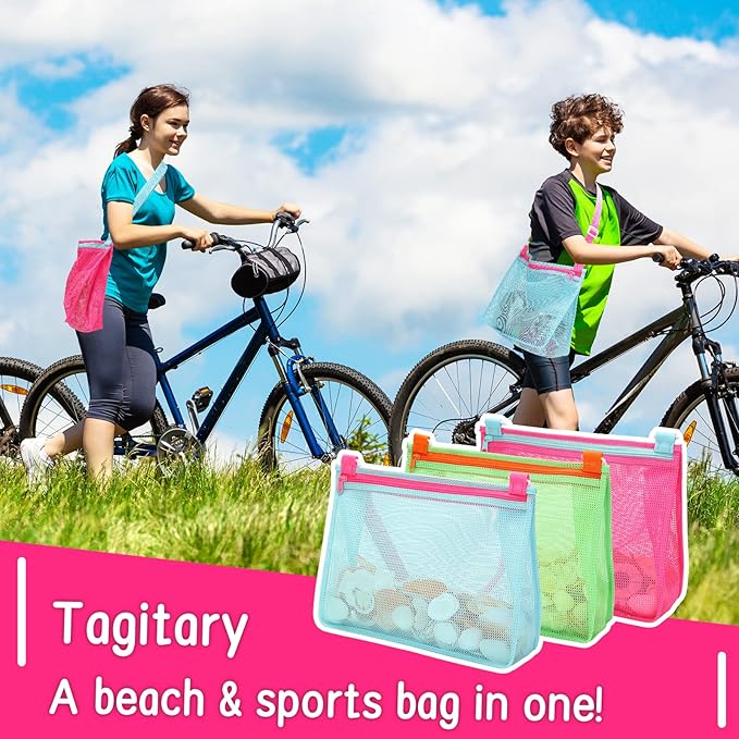 Tagitary Beach Toys Large Mesh Beach Bag Sand Toy Shell Collecting Bag for Holding Shells Pool Bag Swimming Accessories Gift for Teens Boys and Girls (Only Bags,A Set of 3)