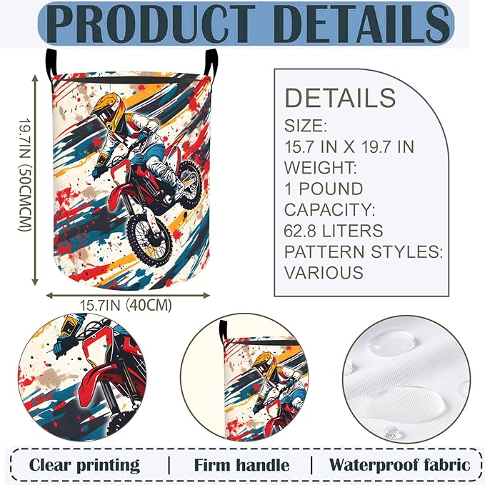Dirt Bike Laundry Basket Hamper 19.7"x15.8", Motocross Sport Foldable Waterproof Oxford Clothes Storage Bucket for Room Bathroom Bedroom Nursery Decor, Toy Organizer Bins Gifts for Kids Boys Girls