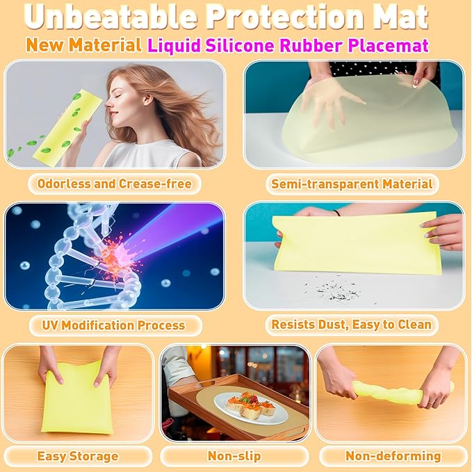 Oval Silicone Placemats Set of 4, Heat Resistant Non-Slip Waterproof Table Mats, Ultra-Thin Translucent Easy Clean Dining Mats for Home & Kids, 17"x12", Yellow