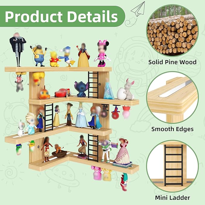 LUPWNEKA L-Shaped Tonies Shelf, 4-Tier Corner Floating Shelves for Tonies Figures (30-38 Character), Pine Wood Tonie Shelf Magnetic with MINI Ladder, Natural Display Shelves for Children Room