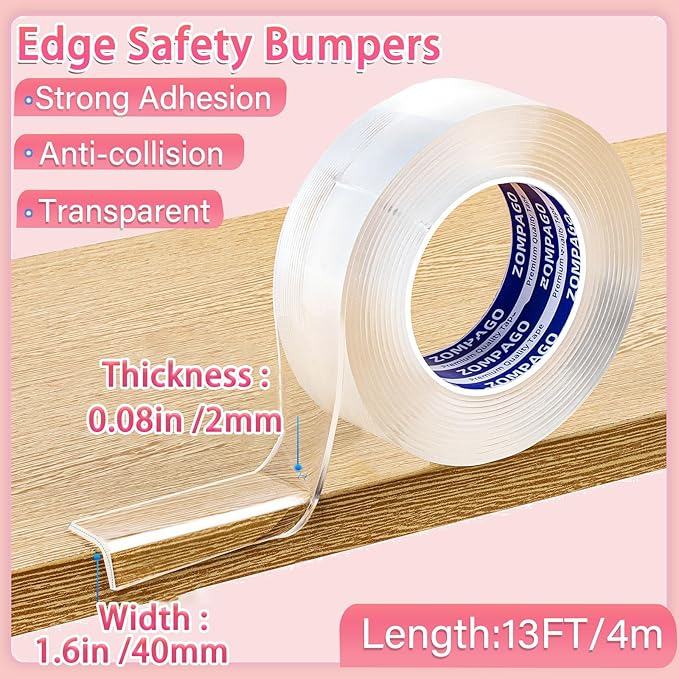 ZOMPAGO Clear Baby Edge & Corner Protector Strip, 1.8in×13FT Self-Adhesive Safety Bumper Guard, Transparent Anti-Collision Tape for Table, Cabinet, Furniture, Wall - Baby Proofing Essential