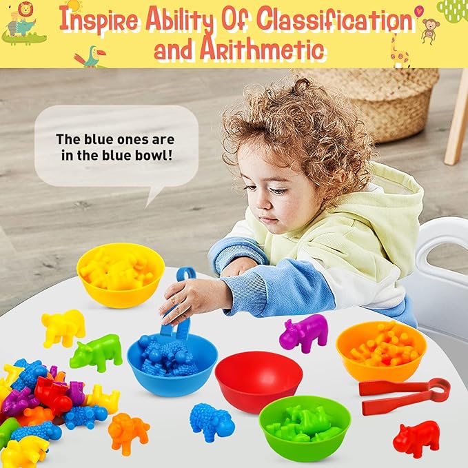 NAODONGLI Counting Animals Color Sorting Stacking Matching Games with Rainbow Bowls Montessori Preschool Educational Learning Activities Fine Motor Skills Toys Easter Gift for Toddlers Ages 3+