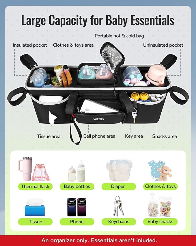 YOREPEK Heavy Duty Double Stroller Organizer for Bob Duallie, Baby Jogger City Mini GT2 and Jeep,Stroller Caddy with Detachable Cooler Bag and Handbag,Stroller Storage Attachment for Baby Accessories
