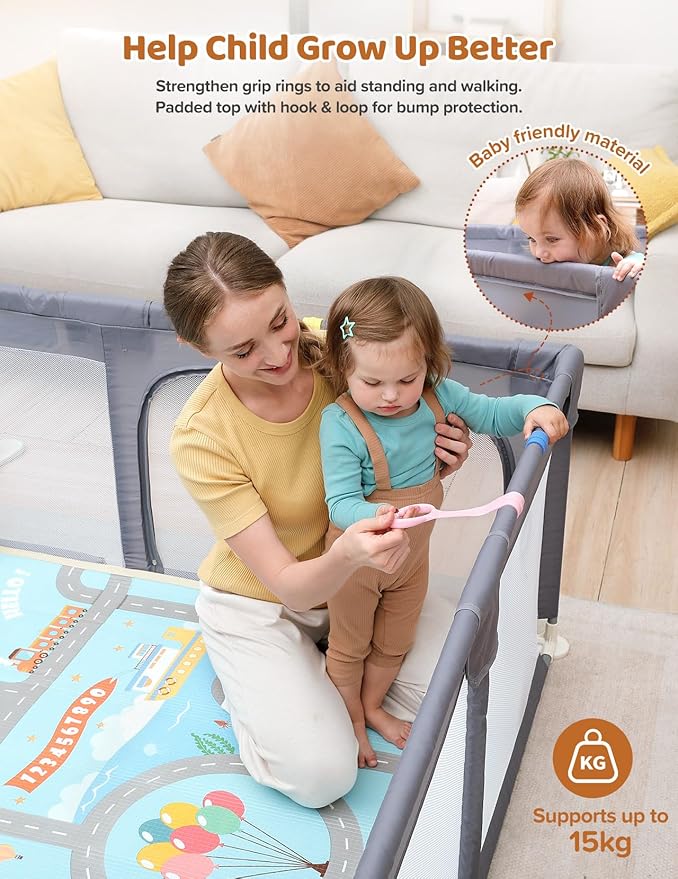 Dripex Baby Playpen with Mat, 71"x47" Play Pen for Toddlers 1-3 Years, Soft Breathable Visible Mesh, Indoor/Outdoor Portable Play Yard with Mat, Safe Baby Fence Play Area, Light Grey