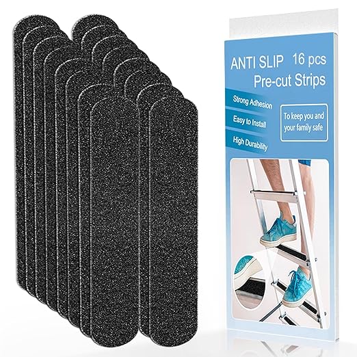 Anti Slip Tape, 16pcs Non Slip Pre-Cut Strips, Treads Safety Non Skid Adhesive Strips for Ladder, Step Stool and Stair (2" x 12", Black)