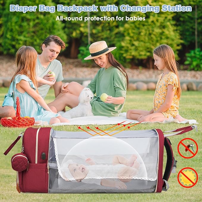 JSTPRO Diaper Bag Backpack, Large Diaper Bag with Changing Station, Baby Bag, New Mom Gifts, Lightweight Waterproof Unisex Diaper Bag with Insulated Pockets and USB Charging Port, Red