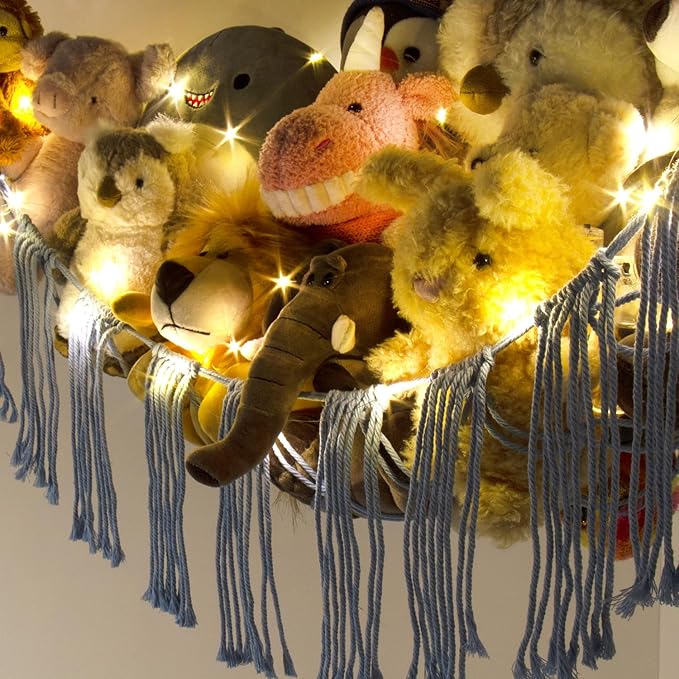 Stuffed Animal Hammock Corner Storage with LED Light - Bluey Room Decor for Girls - Teddy Bear Stuffy Hammock - Cute Blue Things for Bedroom - Wall Ceiling Hanging Decor