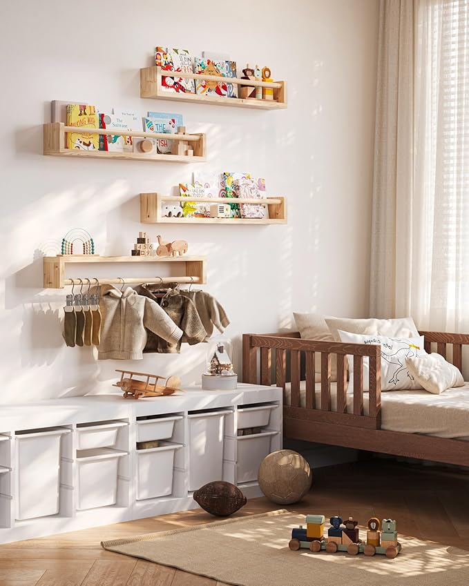 Nursery Book Shelves, 4 Pack, Wall Book Shelves for Kids Room, Baby, Toddler, Nursery Decor (Wood, 23 Inches)