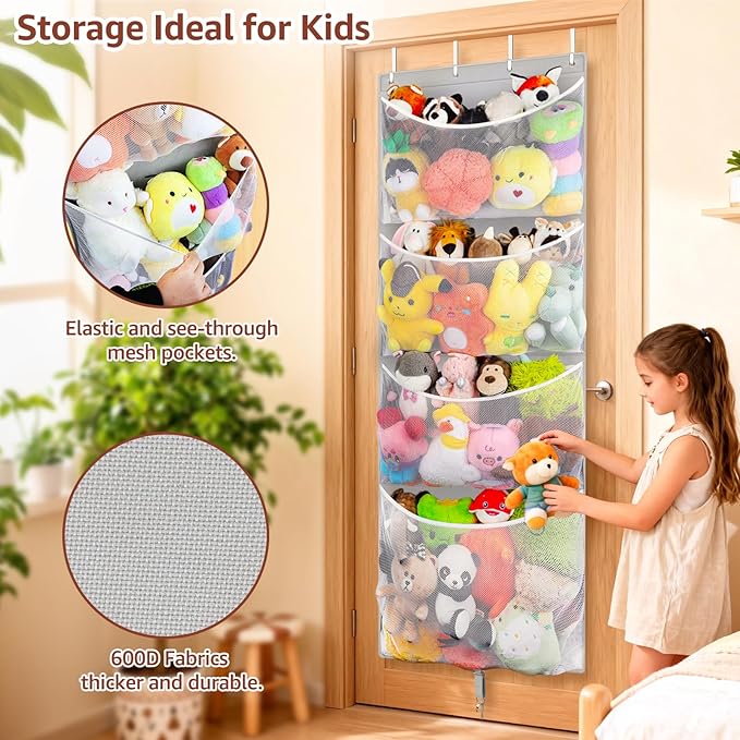 Woodoulogy Hanging Stuffed Animal Storage, Over Door Large Plush Toy Organizer with Metal Hook, Baby Accessory Holder Idea for Nursery, Doll & Bear Mesh Hammock Bag for Girl Boy Kid Room
