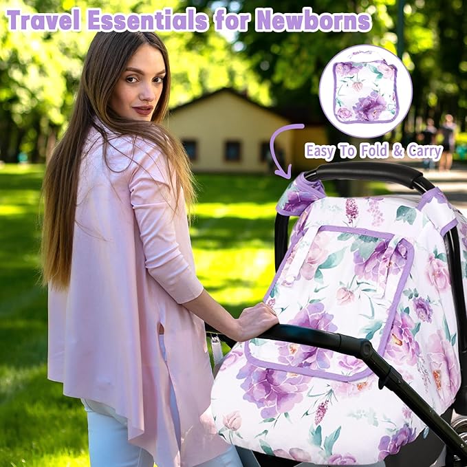 Car Seat Cover Baby, HNHUAMING Infant Car Seat Covers Canopy for Baby Girl Boy, Cozy & Windproof Newborn Carseat Covers Minky Dot Backing Stroller Cover with Breathable Mesh Window, Purple Flower