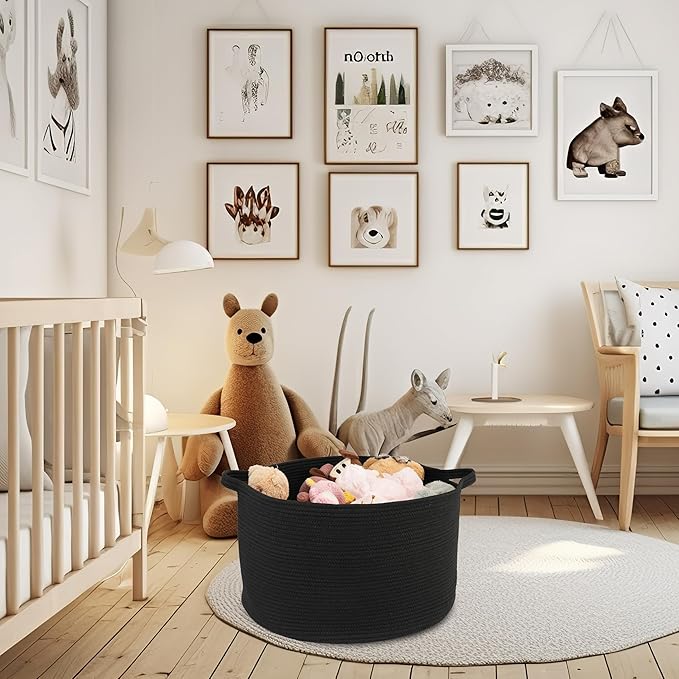 XUANGUO Large Cotton Rope Basket Blankets Basket Living Room 22"x14" Toy Baskets for Kids and Dogs Rope Storage Baskets for Nursery Woven Laundry Baskets for Clothes Towels round black