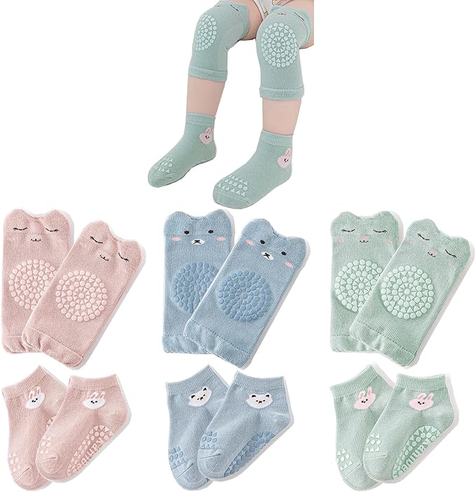 TFTSR Baby Knee Pads for Crawling (3 Pairs) and Baby Socks for Walking (3 Pairs), Walking Protector for Toddler Kid Girls Boy
