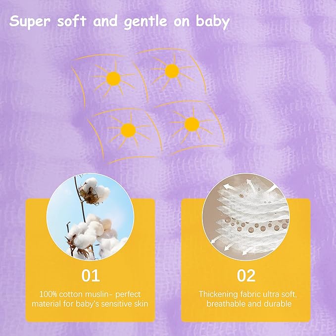 Lovely Care 12 Pack Muslin Burp Cloths 100% Cotton Muslin Cloths Large 20''x10'' Extra Soft and Absorbent Baby Burping Cloth - Purple