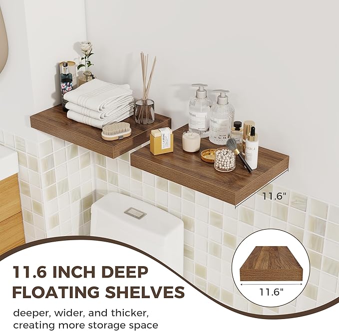 Fun Memories 12 Inch Deep Floating Shelves, 16 x 12 Wooden Wall Shelves, Extra Deeper & Thicker Rustic Wall Mounted Storage Shelf for Fireplace, Living Room, Kitchen, Farmhouse, Walnut - 3Pack