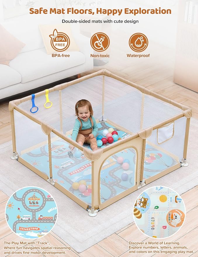Dripex Baby Playpen with Mat, 47"x47" Play Pen for Toddlers 1-3 Years, Soft Breathable Visible Mesh, Indoor/Outdoor Portable Play Yard with Mat, Safe Baby Fence Play Area, Beige