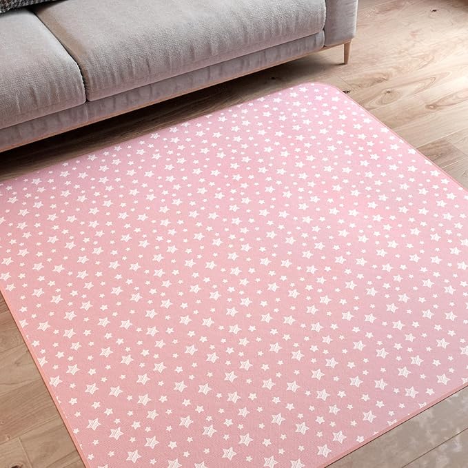 Extra Large Baby Splat Mat 54''x 72'', Anti Slip Waterproof High Chair Mat Baby Feeding Table Cloth Floor Mat Cover, Baby Art Playtime Mat for Craft/Mealtime, Washable Portable Picnic Mat - Pink Star