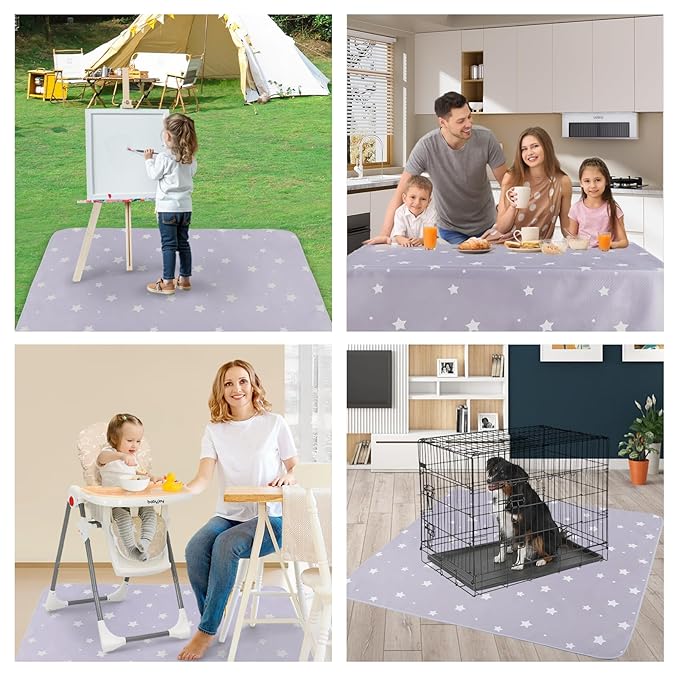 DFHY Splat Mat for Under High Chair/Arts/Crafts/Outdoor Picnic Mat, Washable Baby Spill Mat Waterproof Anti-Slip Floor Splash Mat, 51"x 51"Portable Baby Play Mat and Table Cloth-Light Grey Stars