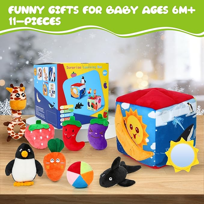 Baby Box Toy - Baby Toys 6-12 Months Montessori Toys for 6 Month Old with Animals, Fruits, Balls, Squeaky Sounds, Mirror, Gifts for Babies