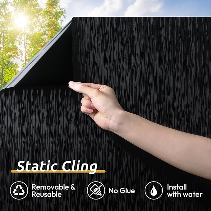 rabbitgoo Blackout Window Film, Sun Light Blocking Window Black Out Cover for UV Reduction, Removable Tint Room Darken Heat Control Frosted Glass Sticker for Home, Black, 11.8 x 78.7 Inches