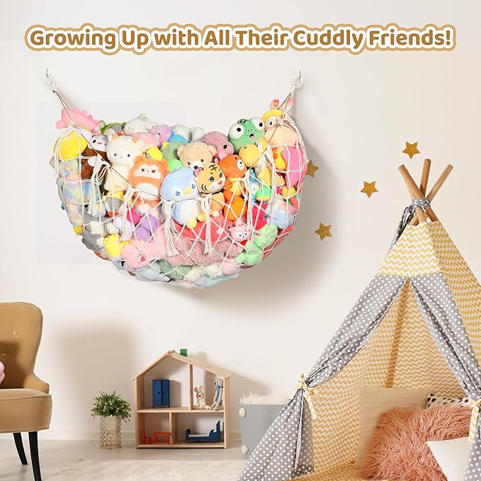 YECAYE Stuffed Animal Net, Room Decor Stuffed Animal Hammock, Upgraded 60 Inch for All Plush Dolls Organizer, Plushies Storage with Fully Handwoven Tassel, Cream White（1 pack） Mesh Bags