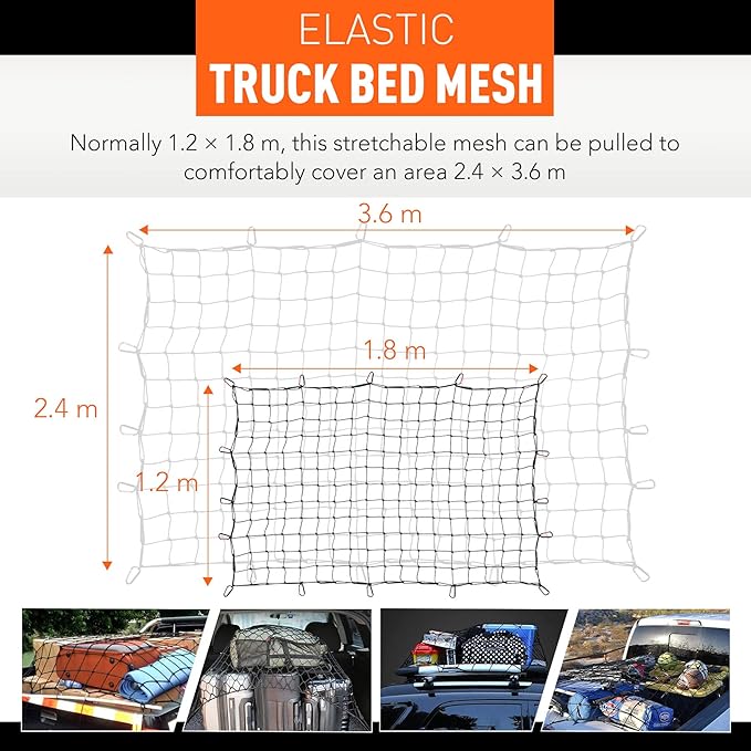 Orion Motor Tech Cargo Net for Pickup Truck Bed, 4'x6' Stretches to 8'x12' Cargo Roof Rack Netting Compatible with Ford Ram GMC Toyota Chevrolet, Bungee Net Mesh with Handmade Knots 16 Carabiners