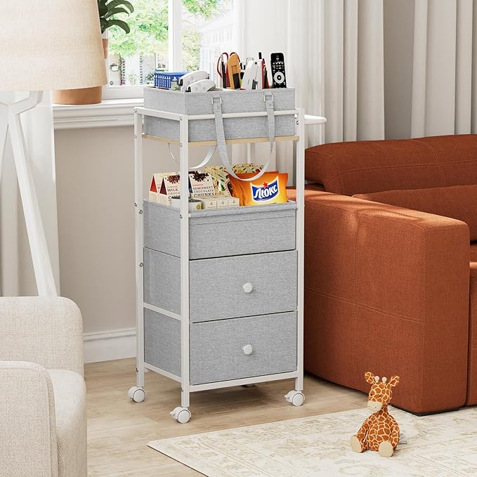 Modanais Baby Diaper Caddy Organizer Cart with Drawers - 3In1 Rolling Storage Cart with Wheels, Removable Diaper Caddy, Detachable Dividers - for Crib, Bedroom, Art & Craft Organizer (Light Gray)