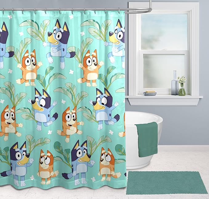 Jay Franco Bluey and Bingo Fabric Shower Curtain - Kids Teal Bathroom Décor