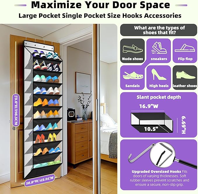 PAULONE 10-Pocket Multi-Use Over the Door Organizer, Heavy Duty 95lbs Capacity with Breathable Mesh, Versatile Hanging Storage for Shoes, Toys, Office Supplies-Classic (Piano Gloss Black, 10-Shelf,)