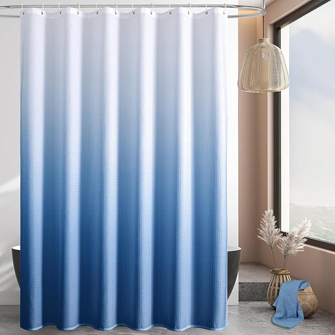MitoVilla Blue Ombre Waffle Fabric Shower Curtain, Light Blue Waffle Weave Textured Shower Curtains for Luxury Bathroom Decor, Modern Weighted Bathroom Shower Curtain, 72 x 72