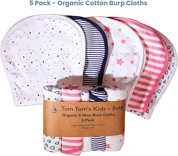 Tom Tom's Kids + Baby GOTS Certified Organic Cotton Burp Cloths, Figure-8 Design, 22 x 11 in, Pink & Navy, 5-Pack