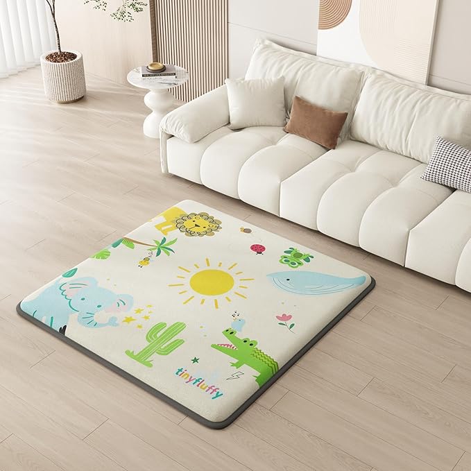 Baby Play Mat for Floor, 1.3" Thick Elasti-Foam Baby Play Mat, 50x50 Playpen Mat for Toddlers Infant kids, Water Repellent Soft Coral Velvet Crawling Mat for Floor, Non-Slip Backing Safe Jungle Safari