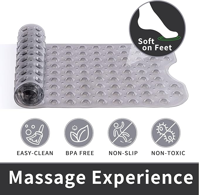 ROSMARUS Extra Long 16” x 39” Non-Slip Bathtub Mat, Shower Mat for Tub with Suction Cups and Drain Holes Bathtub Mats for Kids, Baby, Bathroom Shower Floor Mat Anti Slip Bathtub Accessories, Grey