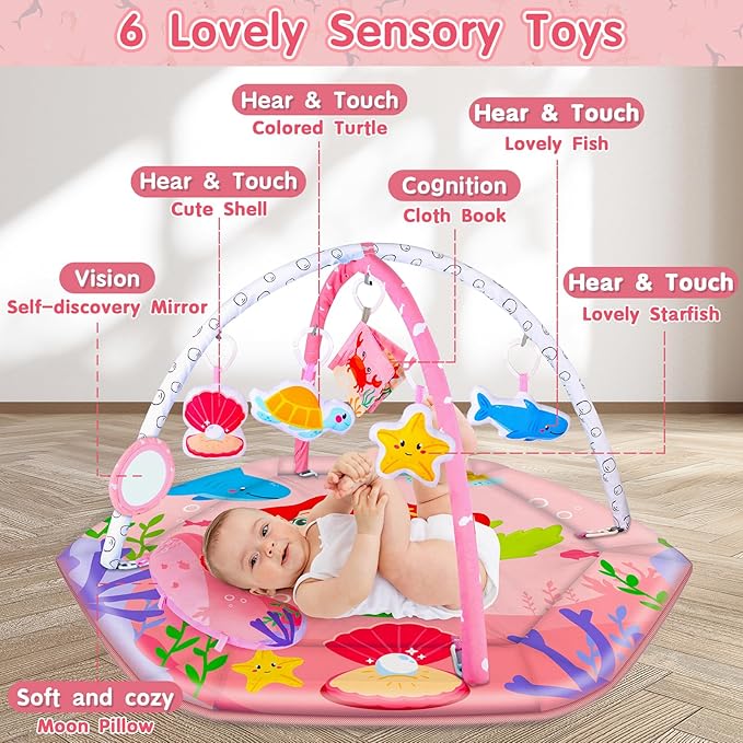 8-in-1 Tummy Time & Ball Pit, Baby Play Gym Floor Mat, Activity Mat for Infants & Toddlers 0-12 Months (Pink)