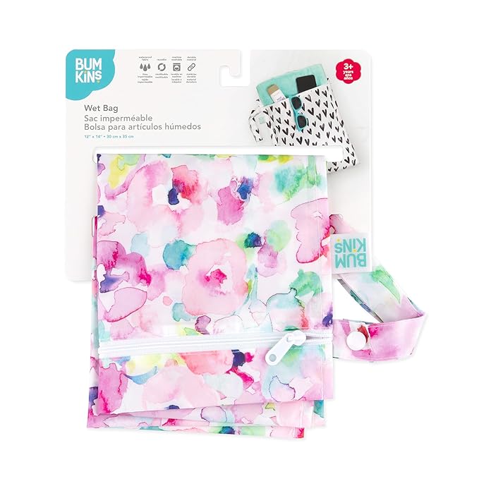 Bumkins Waterproof Wet Bag for Baby, Travel, Swim Suit, Cloth Diapers, Pump Parts, Pool, Beach, Gym Clothes, Toiletry, Hook to Stroller, Daycare, Zip Reusable Wetdry Packing Pouch, Watercolors Floral