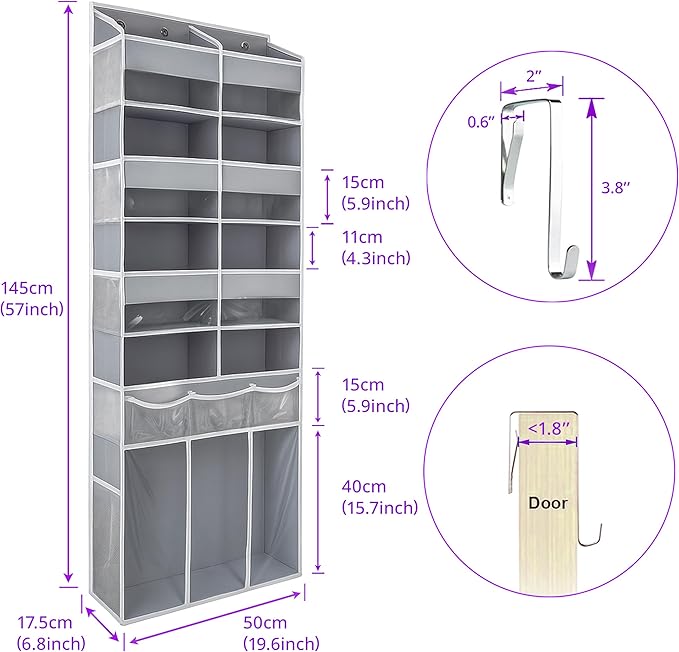 EZVERY Extra Large Over The Door Organizer with Clear Pockets - 8 Compartments & XL Bottom Storage, Heavy-Duty Hanging Organizer for Bathroom, Bedroom, Closet (57 Inch Height).
