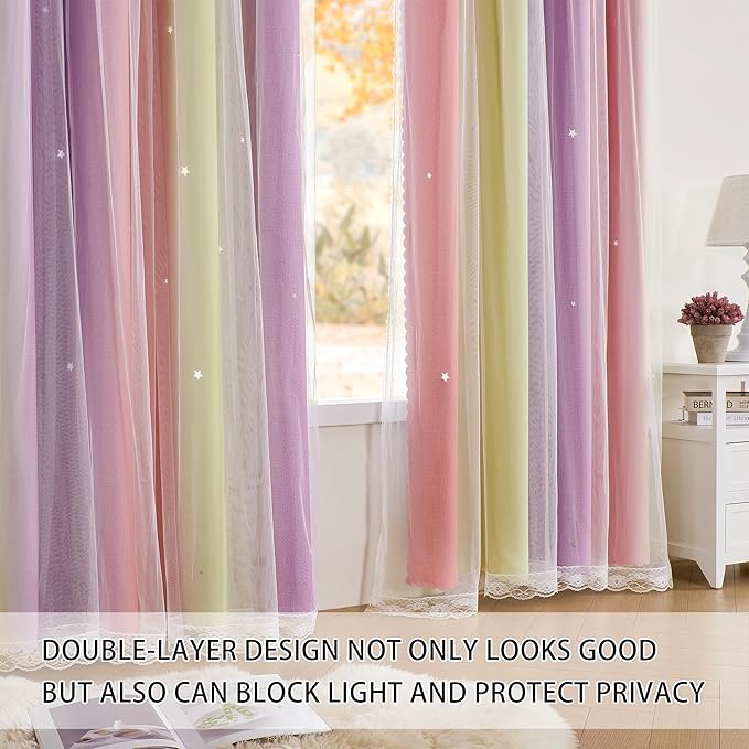 XiDi Girls Curtains for Bedroom 96 Inches Long 2 Panels Pink Yellow Purple Rainbow Blackout Curtains for Little Girl Kids Room Decor Living Room, Princess Unicorn Wall Decals Grommet Drapes 34x96