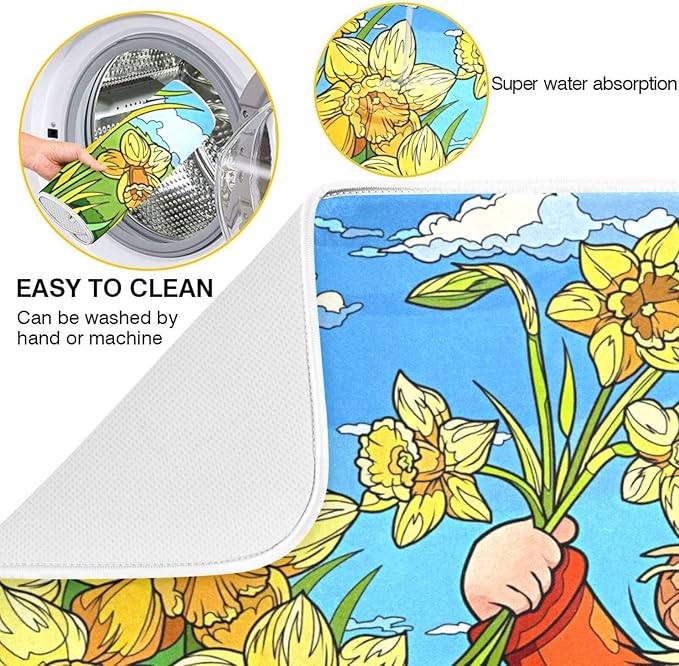 Absorbent Dish Drying Mat for Kitchen Counter - Sunflower Elk Microfiber Drying Pad, Reversible Drainer Mats for Countertop, Small 16" x 18"