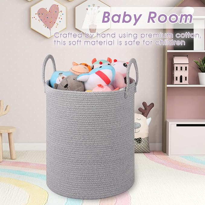 Large Laundry Basket,Laundry Hamper,15''x18'' Cotton Rope Storage Basket with Handles,Baby Hamper,Nursery Blanket Storage Living Room,Toy Basket,Kids Laundry Basket(Light Gray)